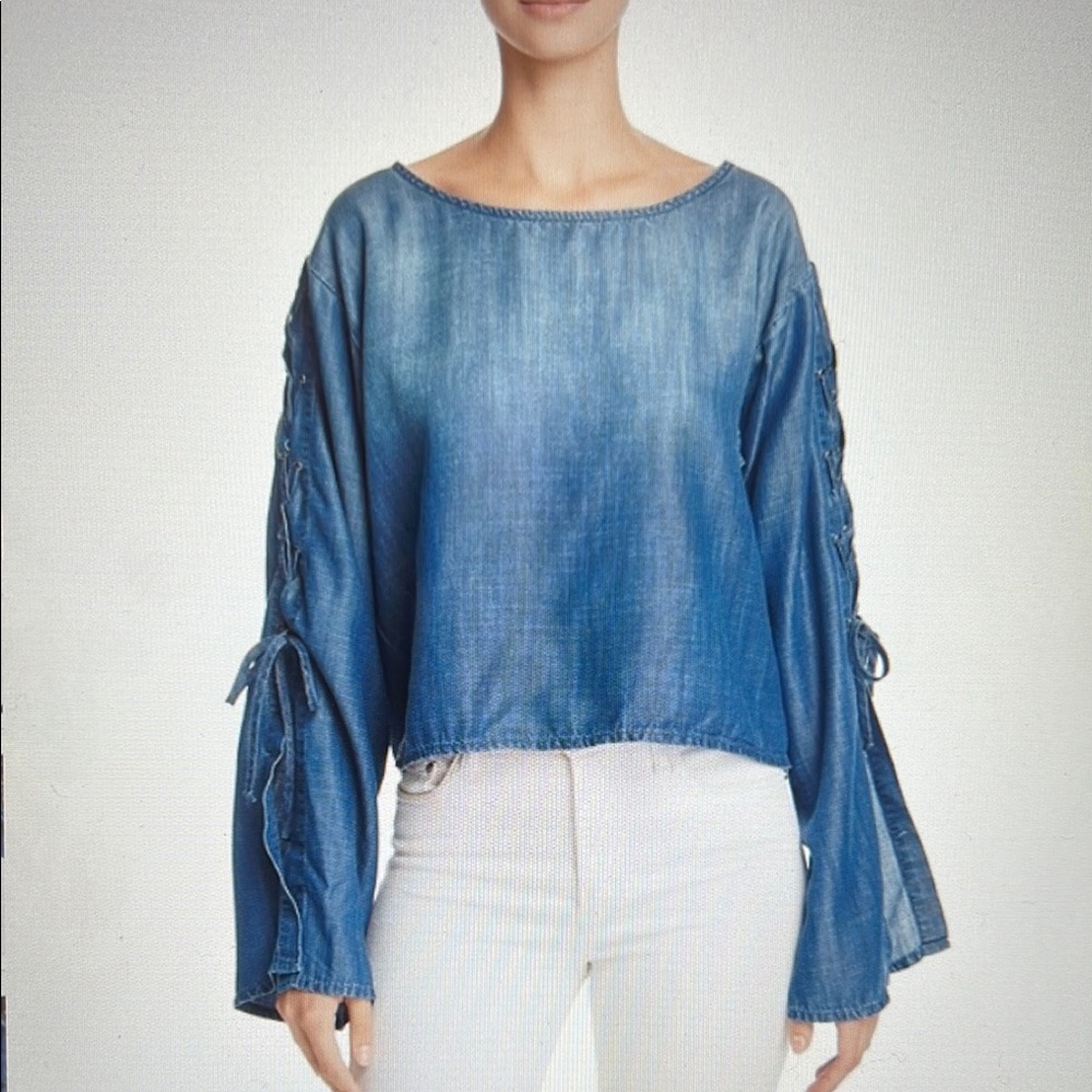 Bella Dahl‎ Bloomingdales Blue Long Lace Up Sleeve Denim Blouse Top Size L - Picture 9 of 9